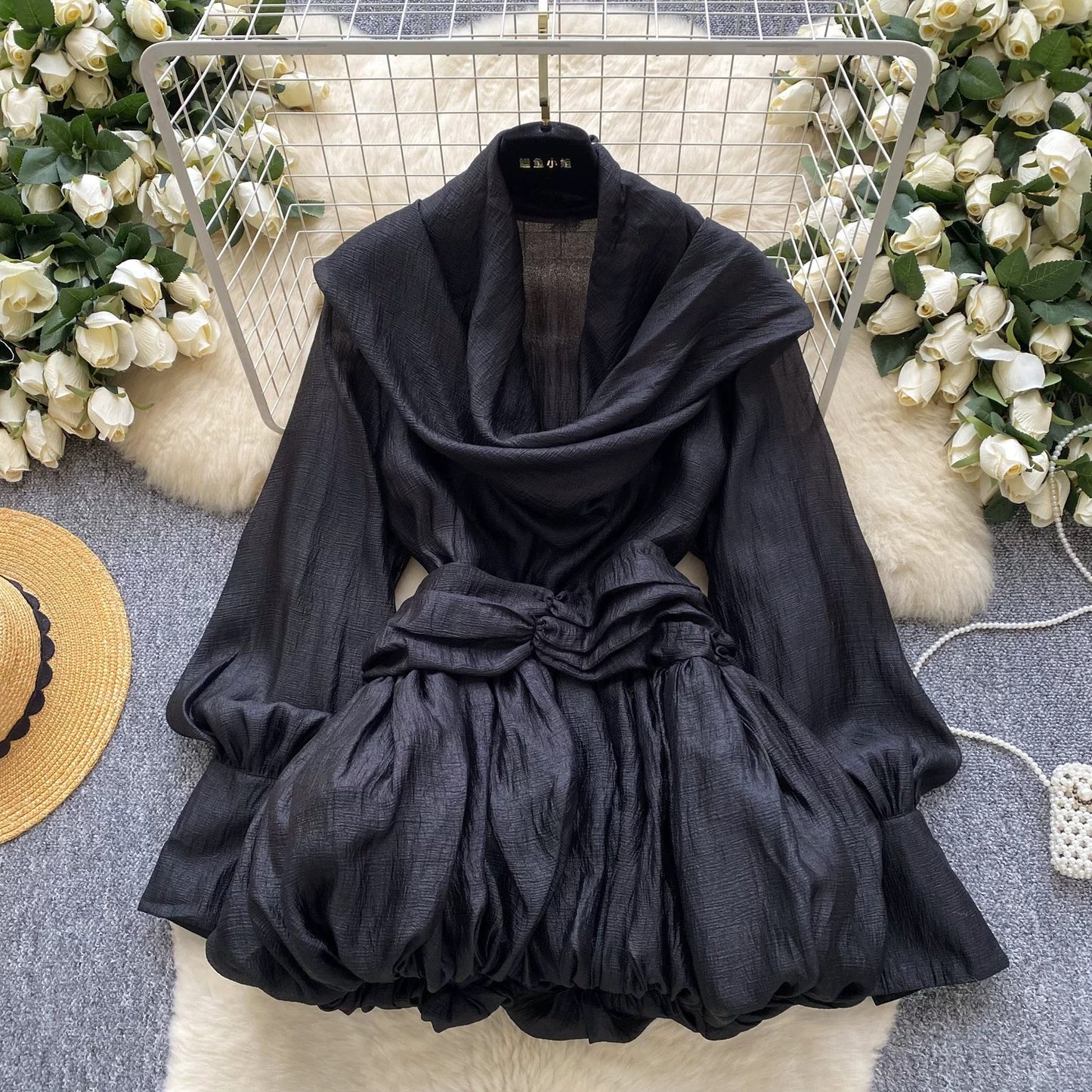 Women's halter neck ribbon draped neck long sleeve fitted waist top, 2025 autumn European and American style puffy tulip skirt