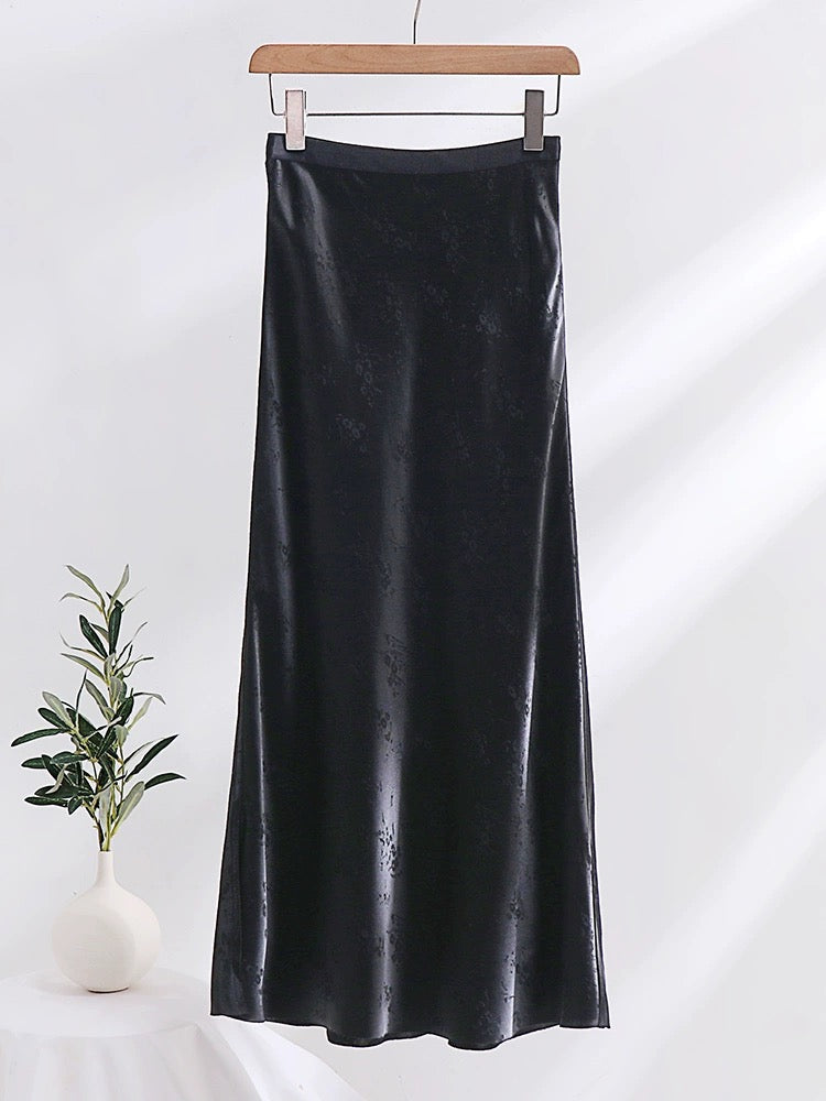 Yellow skirt new Chinese style black A-line long skirt temperament jacquard satin acetate skirt women summer