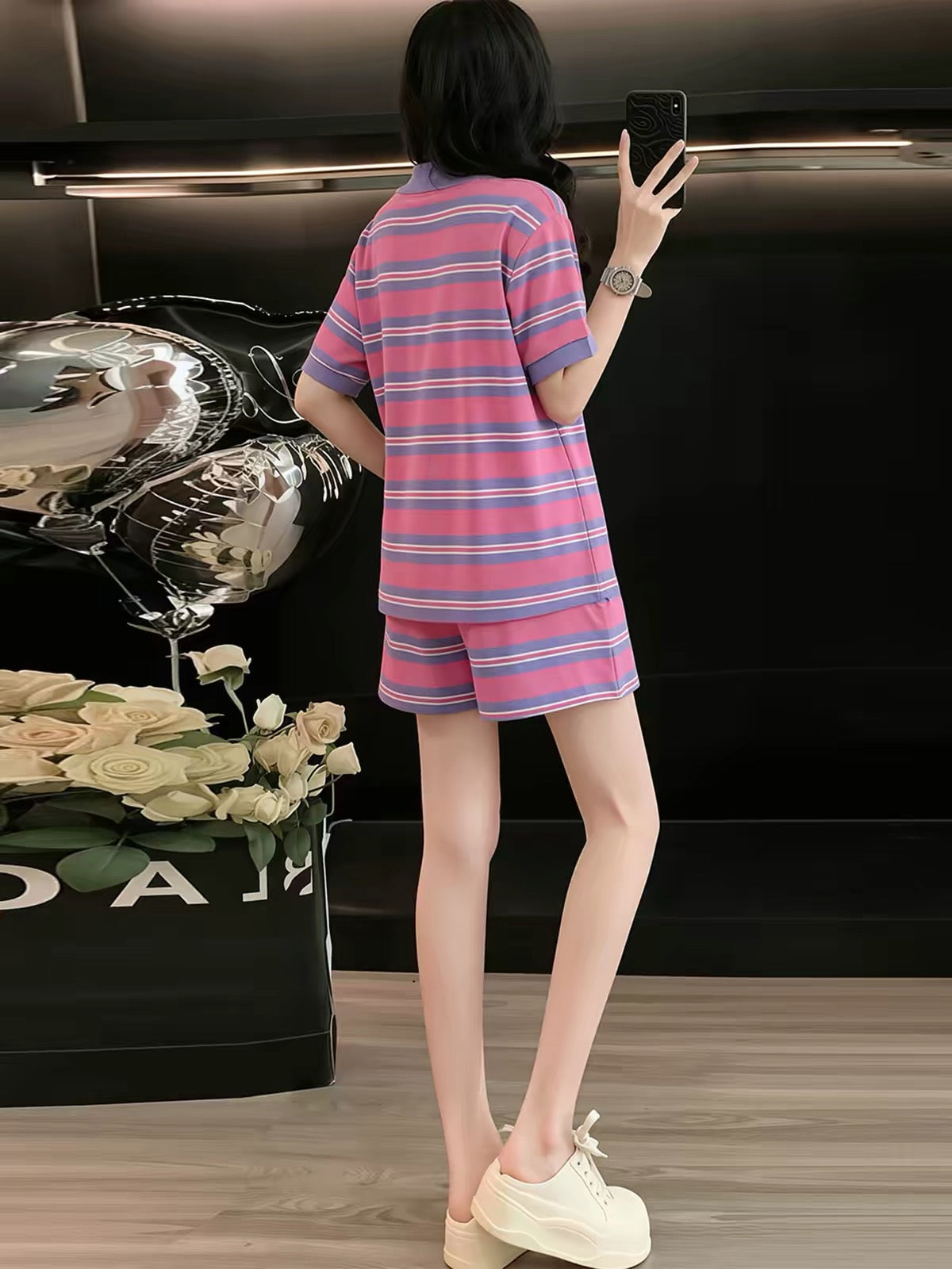 Stylish Striped Casual Summer Two-Piece Set for Women (2026): Collared Short-Sleeve Top & Shorts – Loose, Trendy, and Slimming Fit
