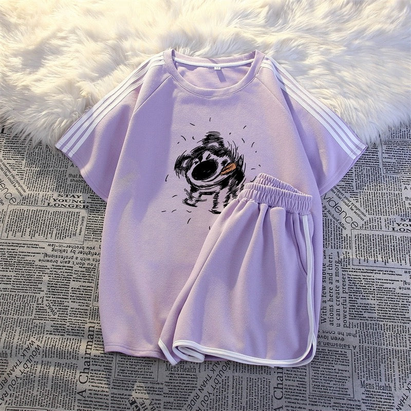 American sportswear suit for women 2024 summer fashion student three-stripe short-sleeved casual shorts two-piece set national trend