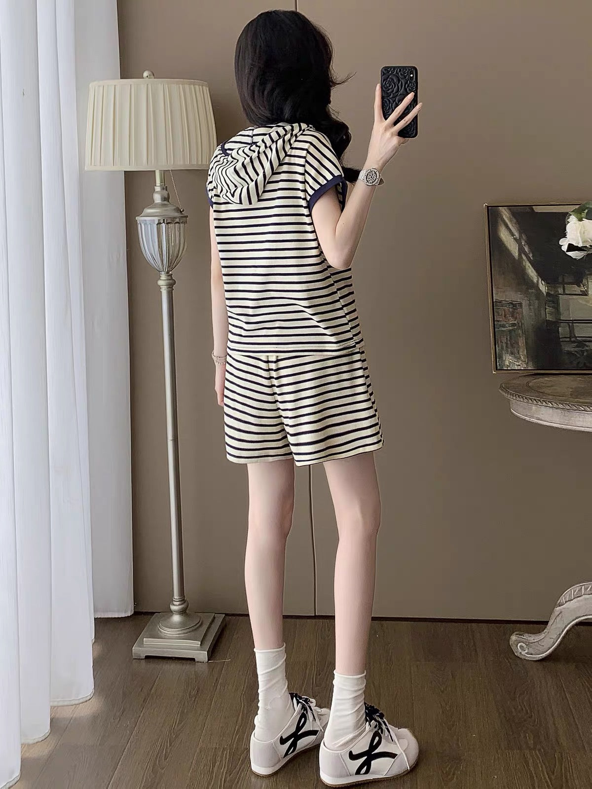 Women's Summer 2026 Striped Hooded Short-Sleeve & Shorts Two-Piece Set – Stylish, Youthful, Slimming Casual Sportswear Outfit