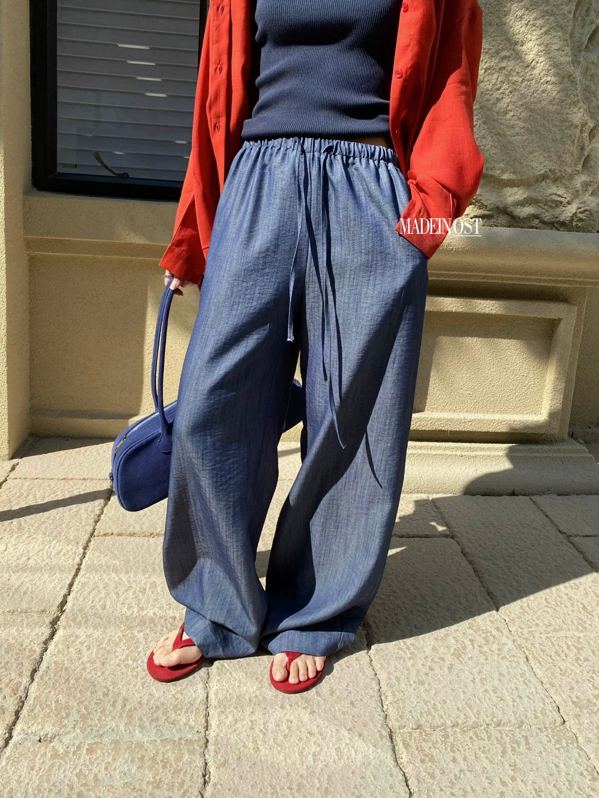 【MADEIN OST】Pants for women 2025 summer minimalist slightly wrinkled lazy drawstring casual pants (with waist rope)