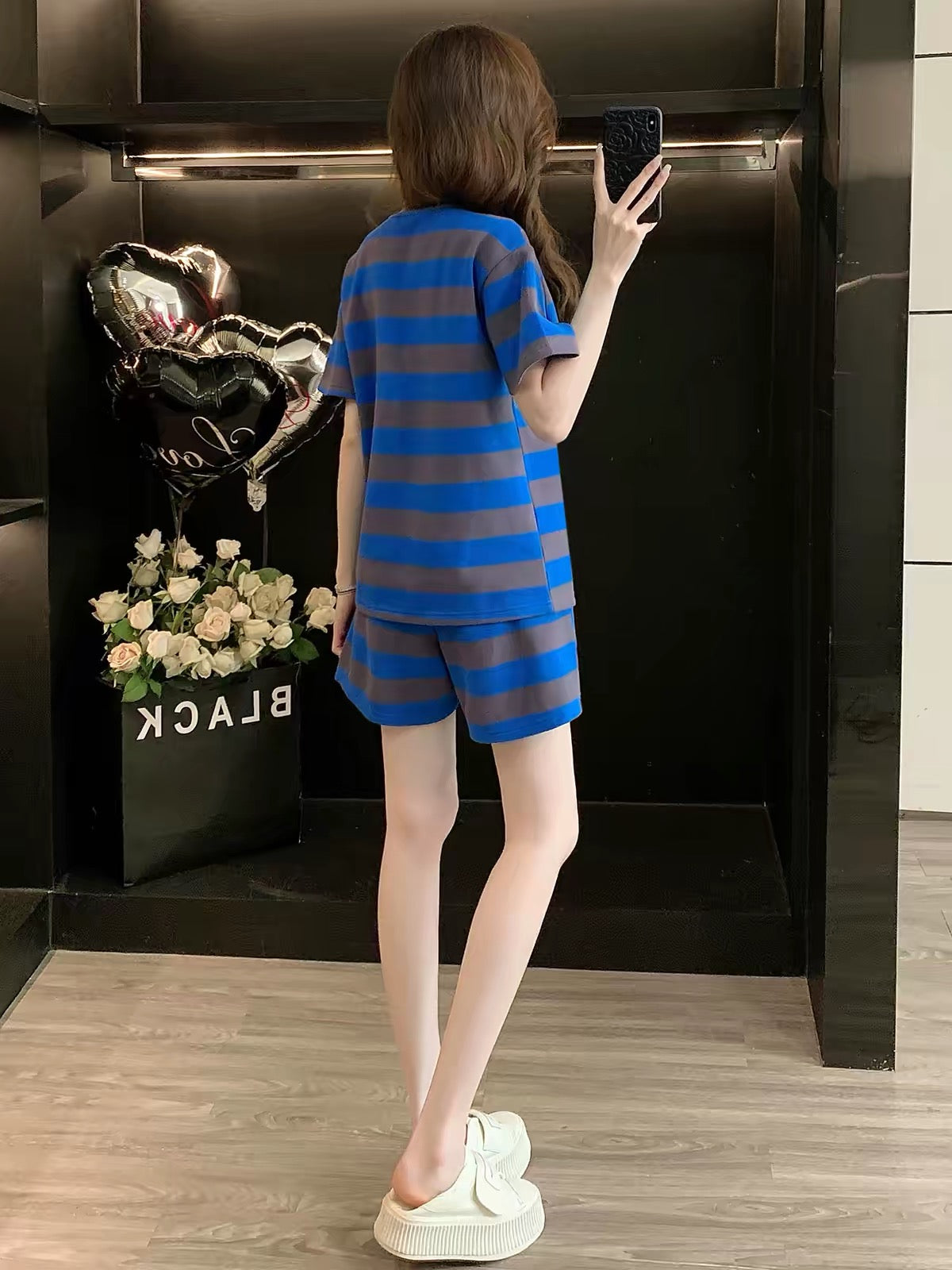 Women's Summer 2026 Casual Sporty Striped Short-Sleeve & Shorts Two-Piece Set – Stylish, Slimming, and Youthful Loose Fit