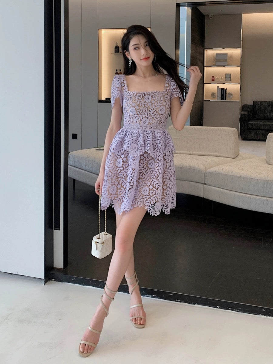 Rich girl's niche design high-end heavy lace lavender purple square-neck short-sleeved dress
