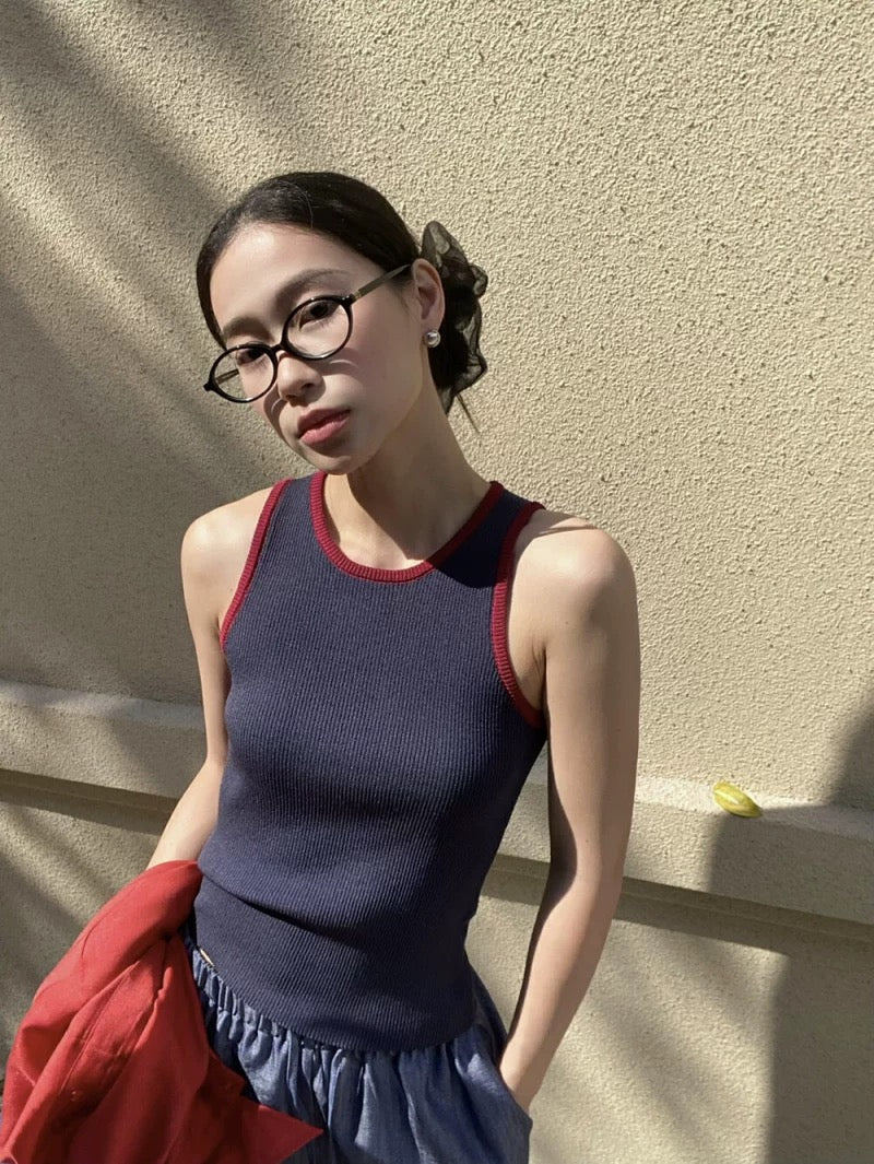 MADEINOST Spring 2025 Korean new fashion American retro contrast color design hemming knitted camisole vest