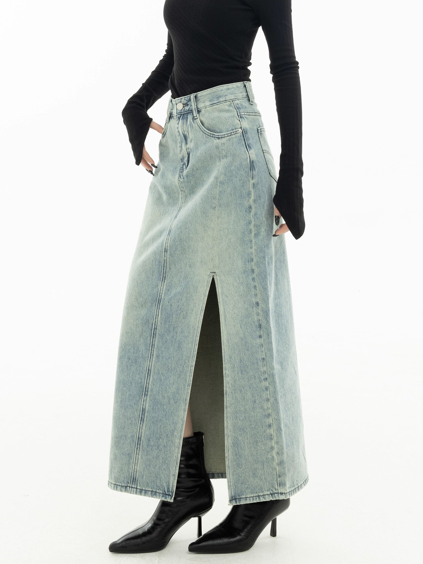 EDX side slit denim skirt spring new design niche loose slim retro a-line skirt 2853