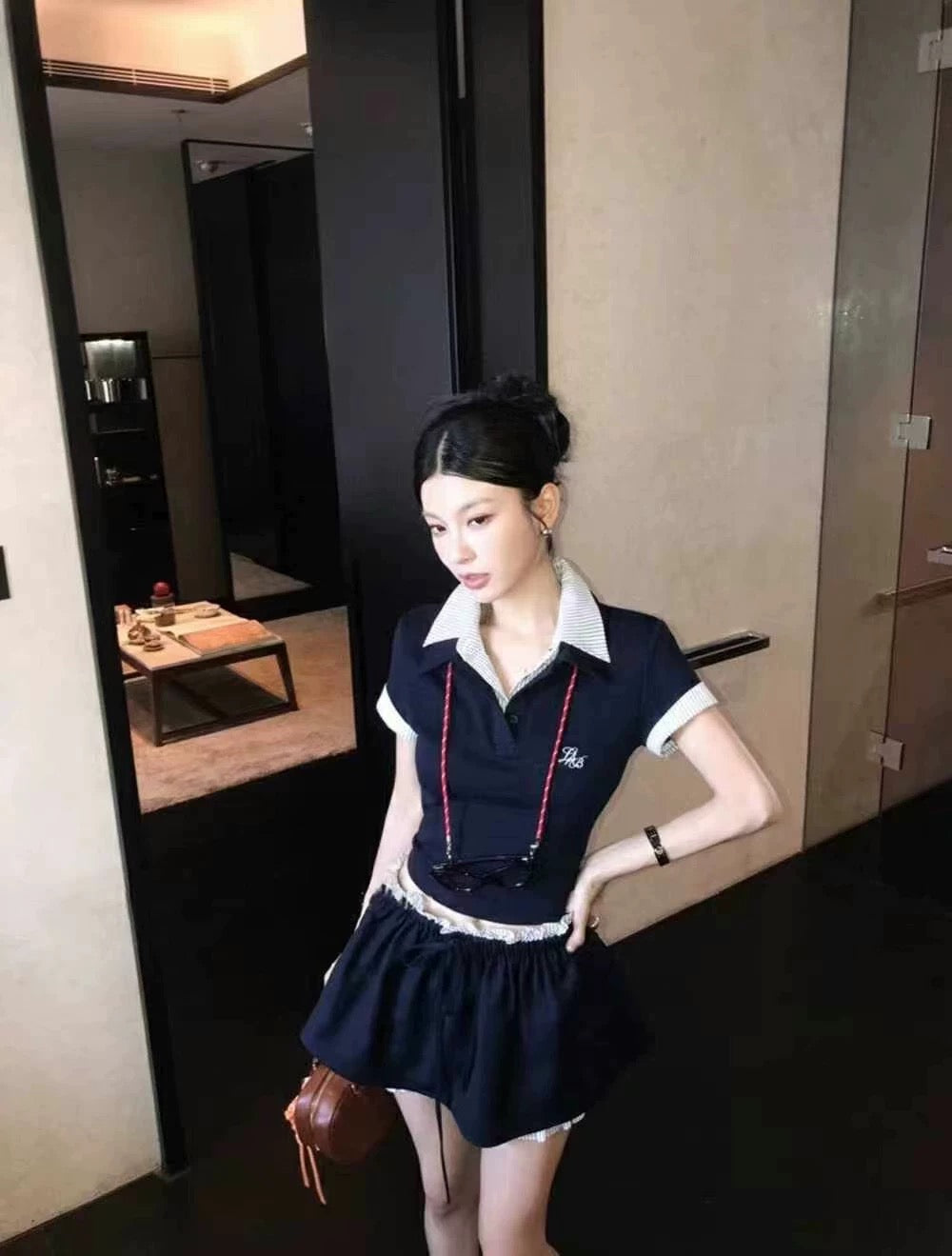 2025 Summer Women's American College Style Polo Neck Short Sleeve Top Skirt Two-piece Suit for Age-reducing Small People
