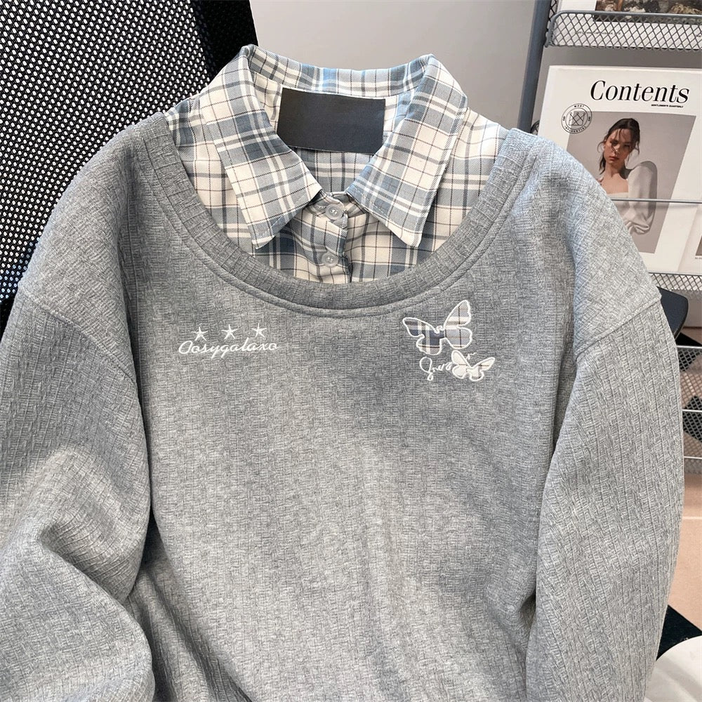 Korean-style preppy butterfly embroidered long-sleeved sweatshirt for women, autumn and winter, two-piece plaid shirt with polo collar.