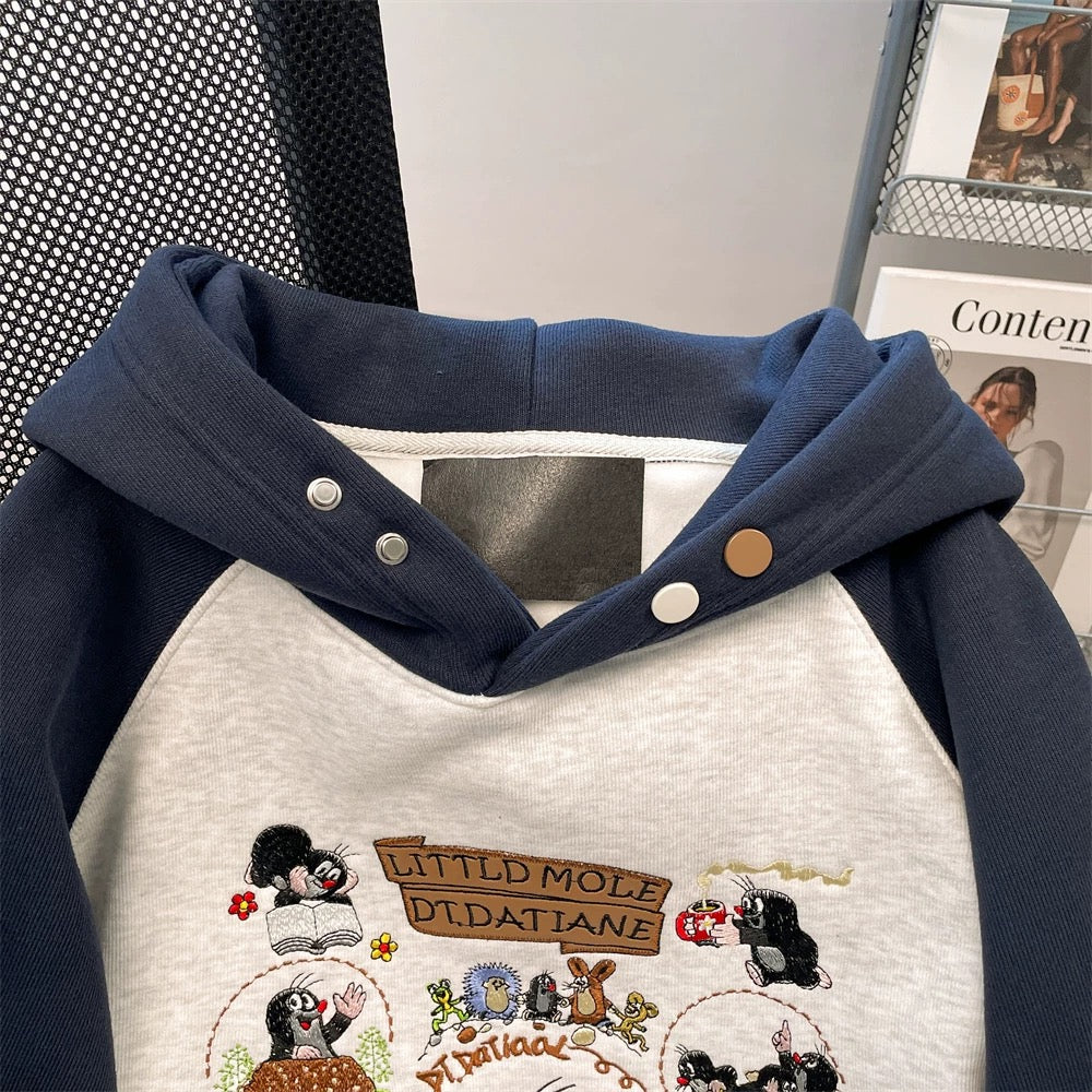 Autumn/Winter High-End Embroidered Color-Blocked Hooded Sweatshirt for Petite Women, Super Cute, Fleece-Lined and Thickened, Jimo Top/Outerwear