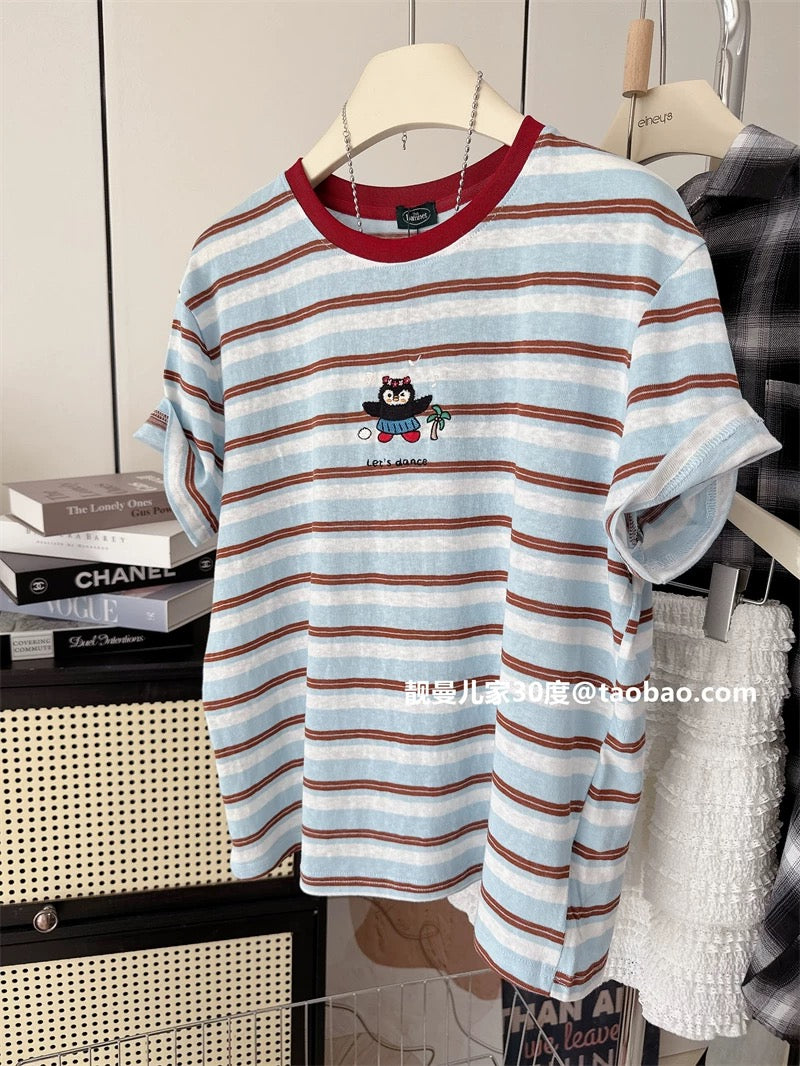 Korean style ~ all-match round neck penguin embroidered striped short-sleeved T-shirt for women in summer, loose and casual, simple tops