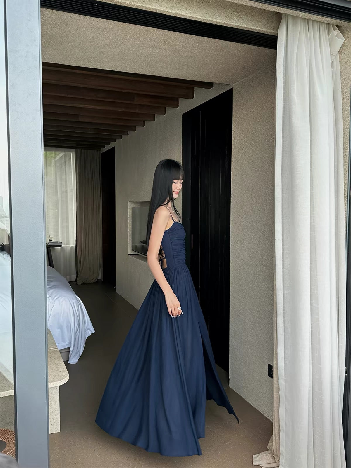 VENUIE French-style navy blue camisole maxi dress—perfect for seaside photoshoots, vacations, and picture-perfect moments.