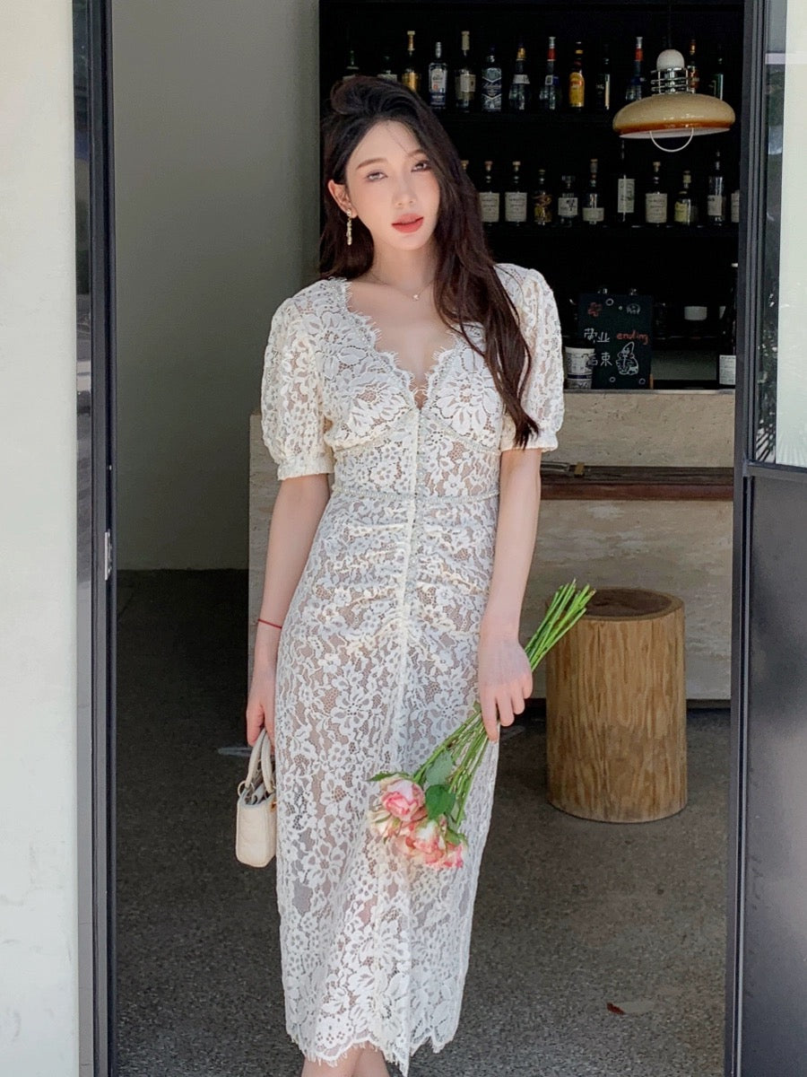 Ivory White Lace Slim Fit Long Dress High Waist Classic Engagement Certificate Dress Can Be Weared Daily