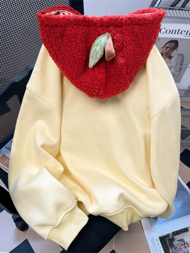 Creamy yellow cartoon embroidered hooded fleece sweatshirt for women, stylish, youthful, and cute for petite women, perfect for early autumn and winter.