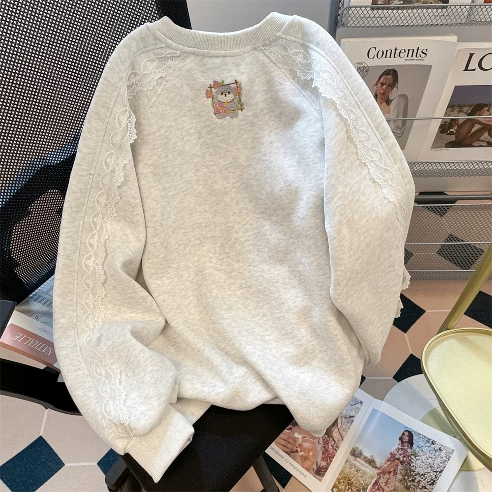 Korean-style fashionable cartoon puppy embroidered sweatshirt for women, autumn, petite, sweet, youthful, loose and casual top.