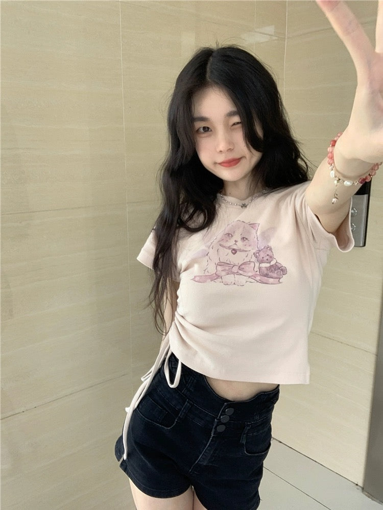 Chic right shoulder sweet hot girl cat short-sleeved T-shirt women's summer design niche slim short drawstring top ins