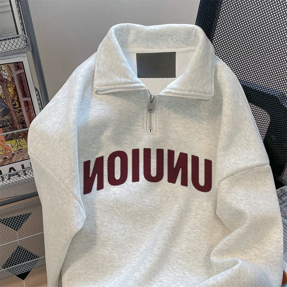 American-style letter print couple sweatshirt, unisex, loose-fitting, retro casual half-zip polo collar top for spring and autumn.