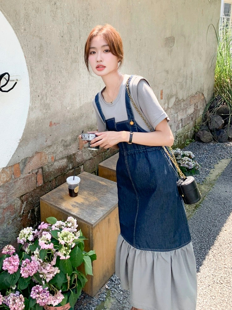 Fake two-piece denim suspender dress for women summer 2024 French retro design ruffled splicing fishtail skirt