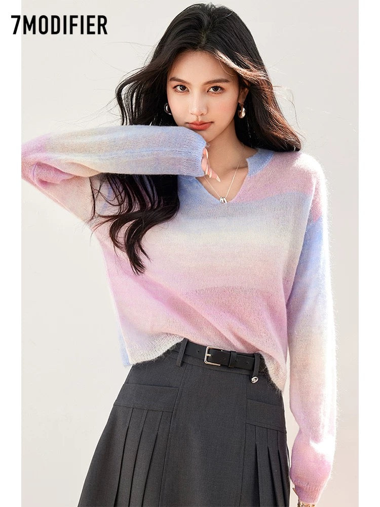 La Chapelle 7M2025 autumn new fashion casual sweater color matching V-neck temperament top for women