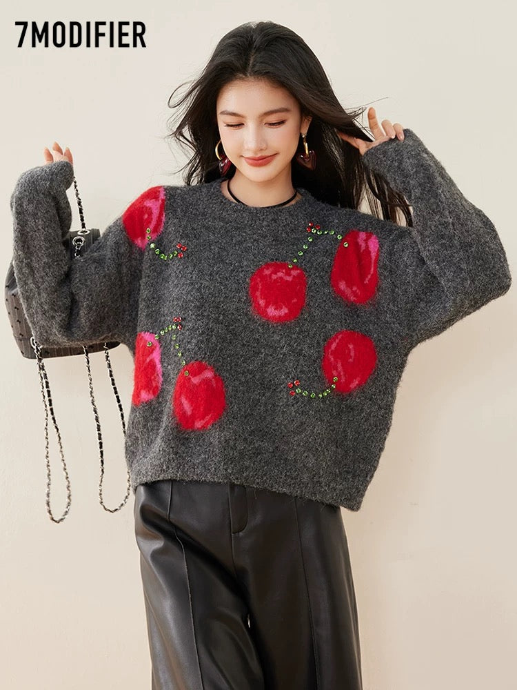 La Chapelle 7M2025 autumn and winter new design embroidery loose sweater round neck versatile chic top