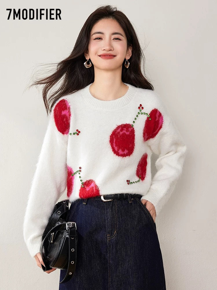 La Chapelle 7M2025 autumn and winter new beaded design sweater loose round neck pullover soft glutinous top