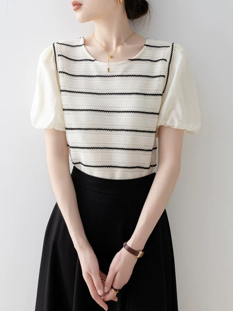 Summer women's clothing 2025 new striped loose round neck straight shoulder short sleeve T-shirt unique super beautiful puff sleeve top