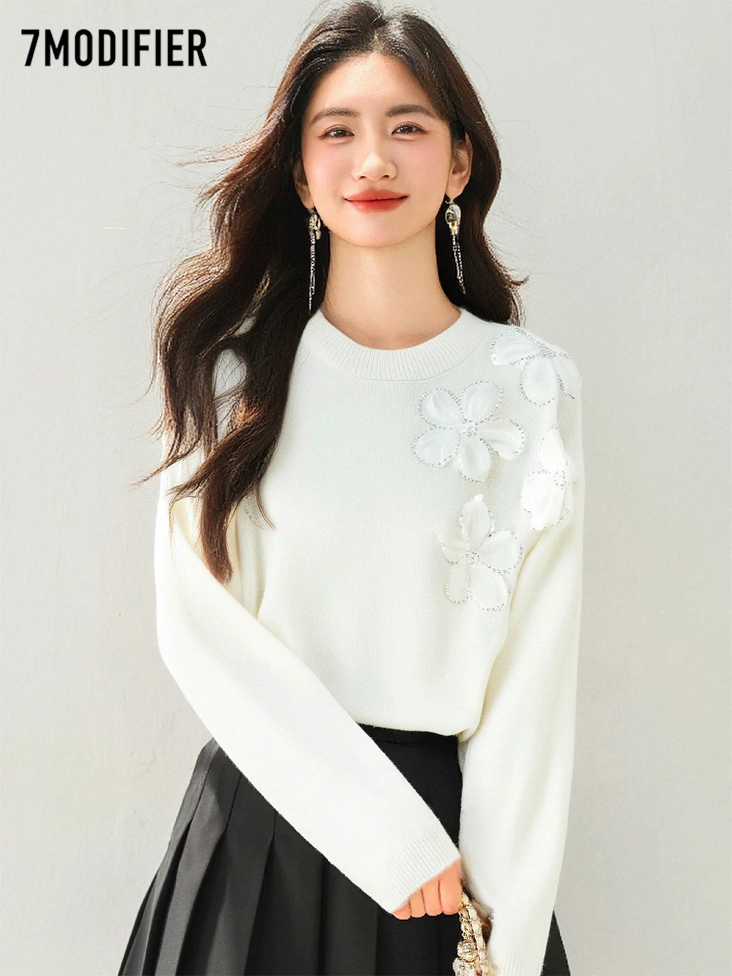 La Chapelle 7M2025 autumn fashion all-match embroidered flowers slim temperament long-sleeved knitted sweater tops for women