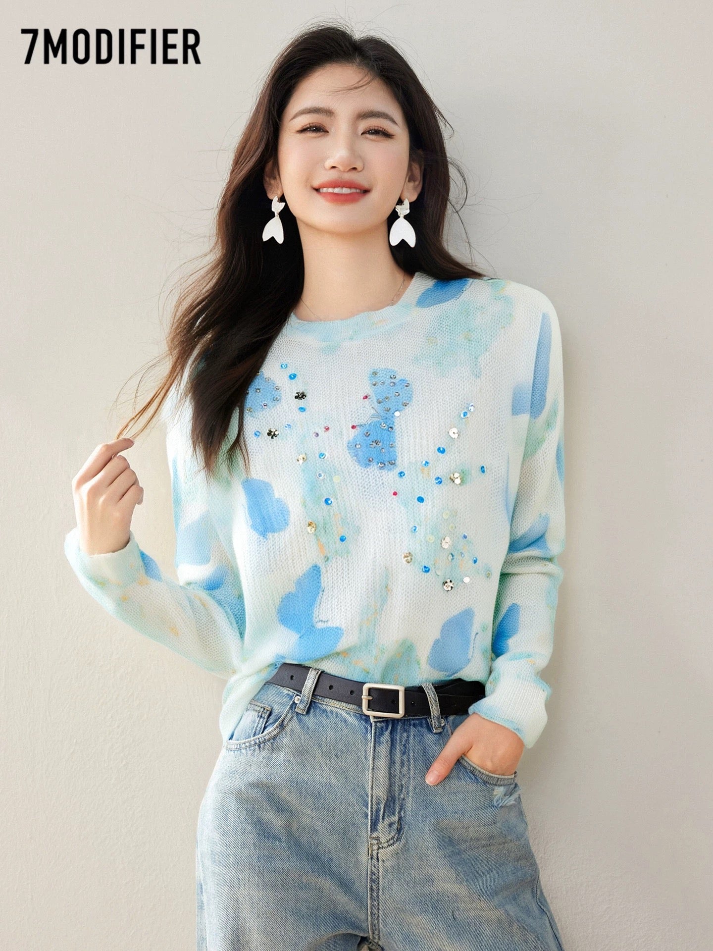 La Chapelle 7M2025 autumn creative gradient beaded round neck pullover slim long sleeve knitted sweater top for women