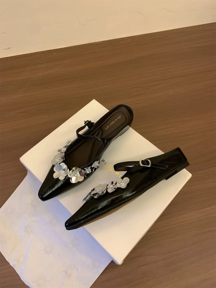 Huanli "Sparkling Sequins" High-Heeled Closed-Toe Half-Slippers Women's Summer Mary Jane Mules Backless Sandals