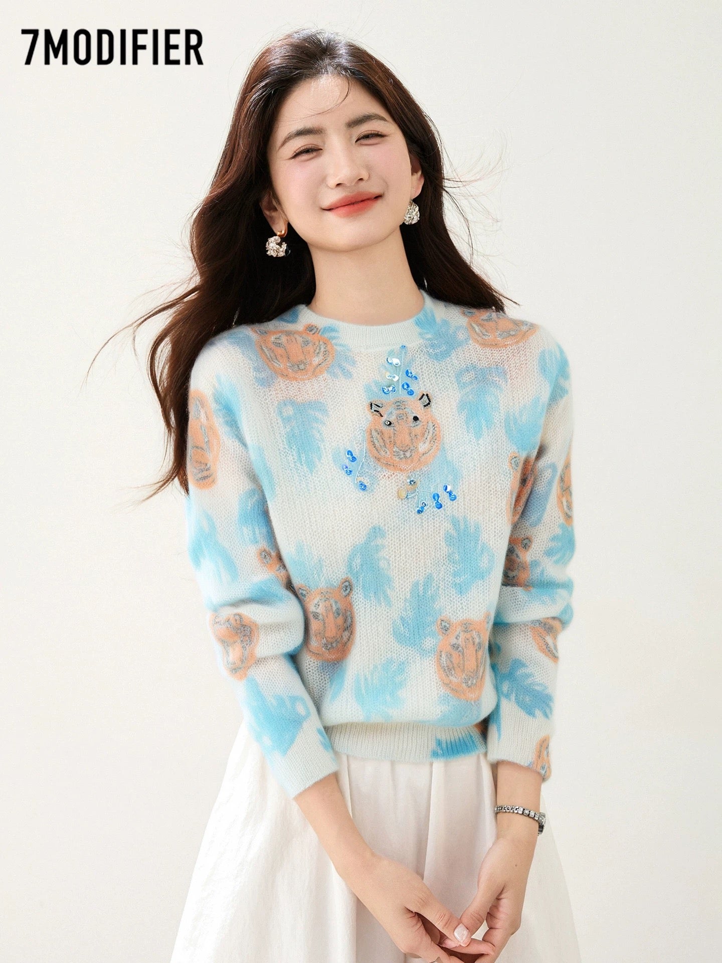 La Chapelle 7M2025 autumn Korean version of the creative animal pattern round neck pullover long-sleeved sweater tops for women