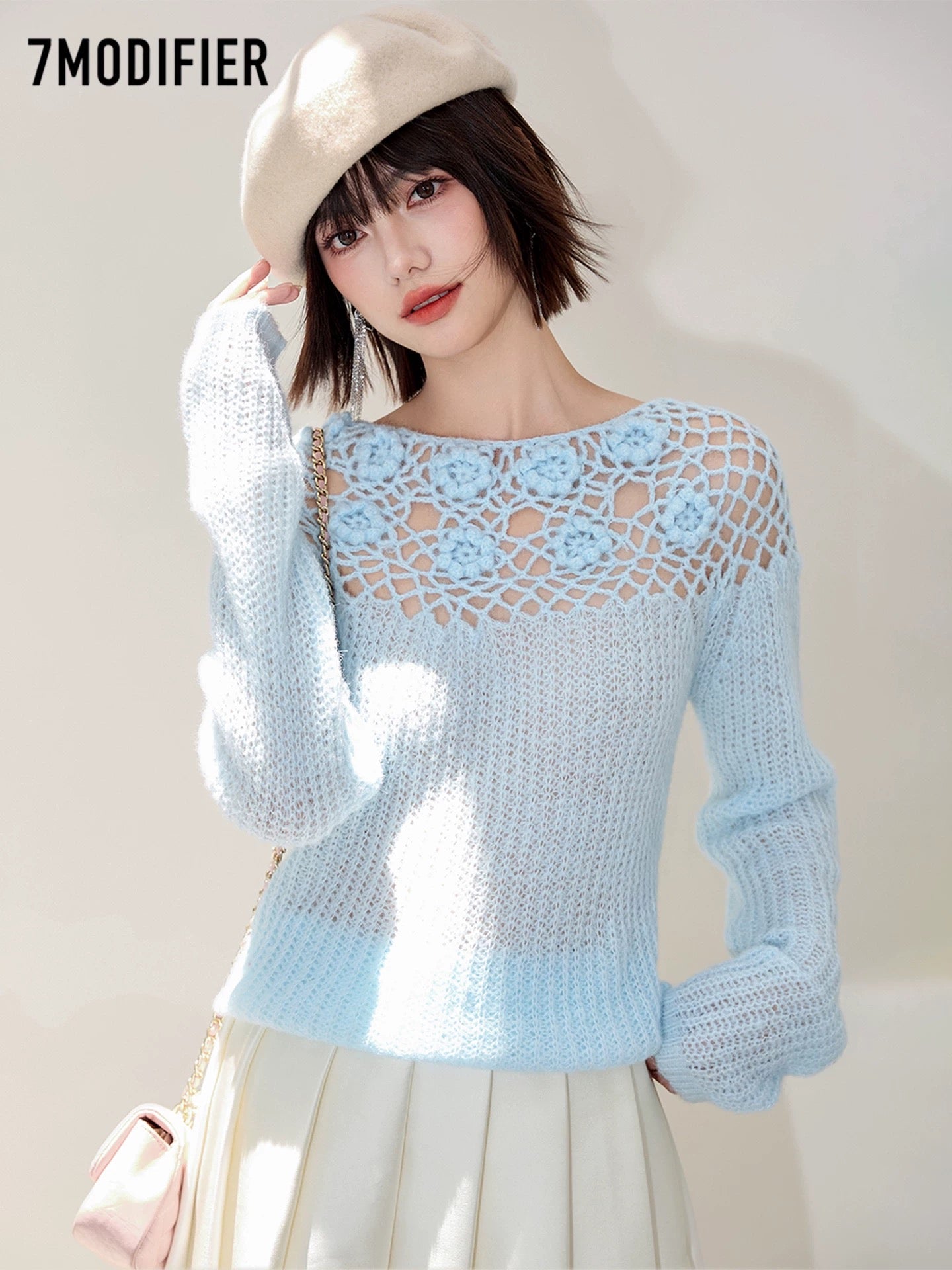 La Chapelle 7M2025 autumn fashion three-dimensional flower hollow pullover slim long-sleeved knitted sweater top for women