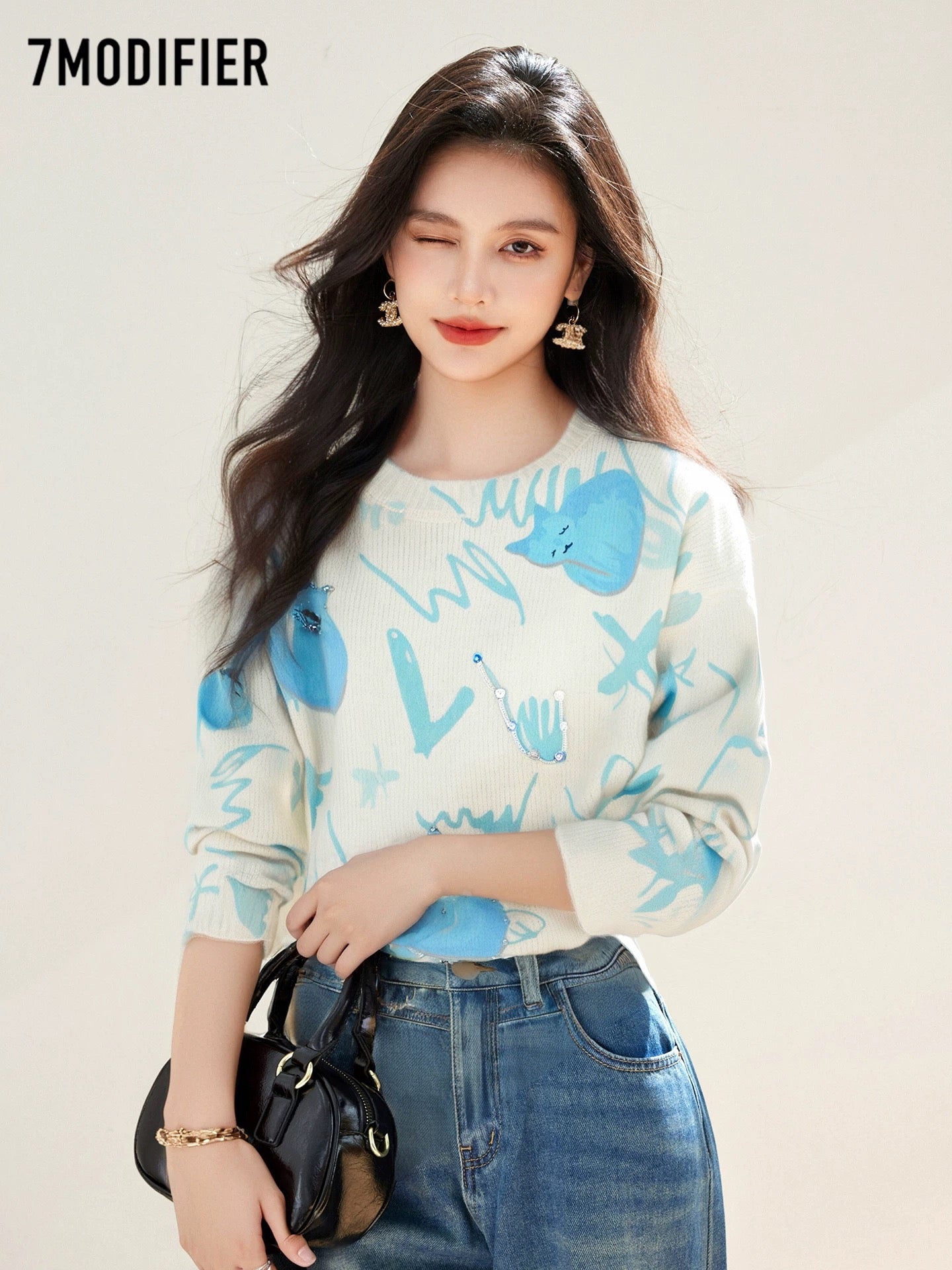 La Chapelle 7M2025 Autumn Creative Graffiti Beaded Round Neck Pullover Slim Long Sleeve Knitted Sweater Tops Women