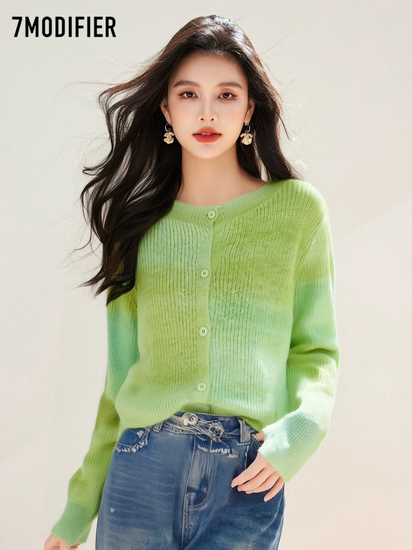 La Chapelle 7M2025 autumn creative gradient loose long-sleeved sweater round neck single-breasted cardigan top