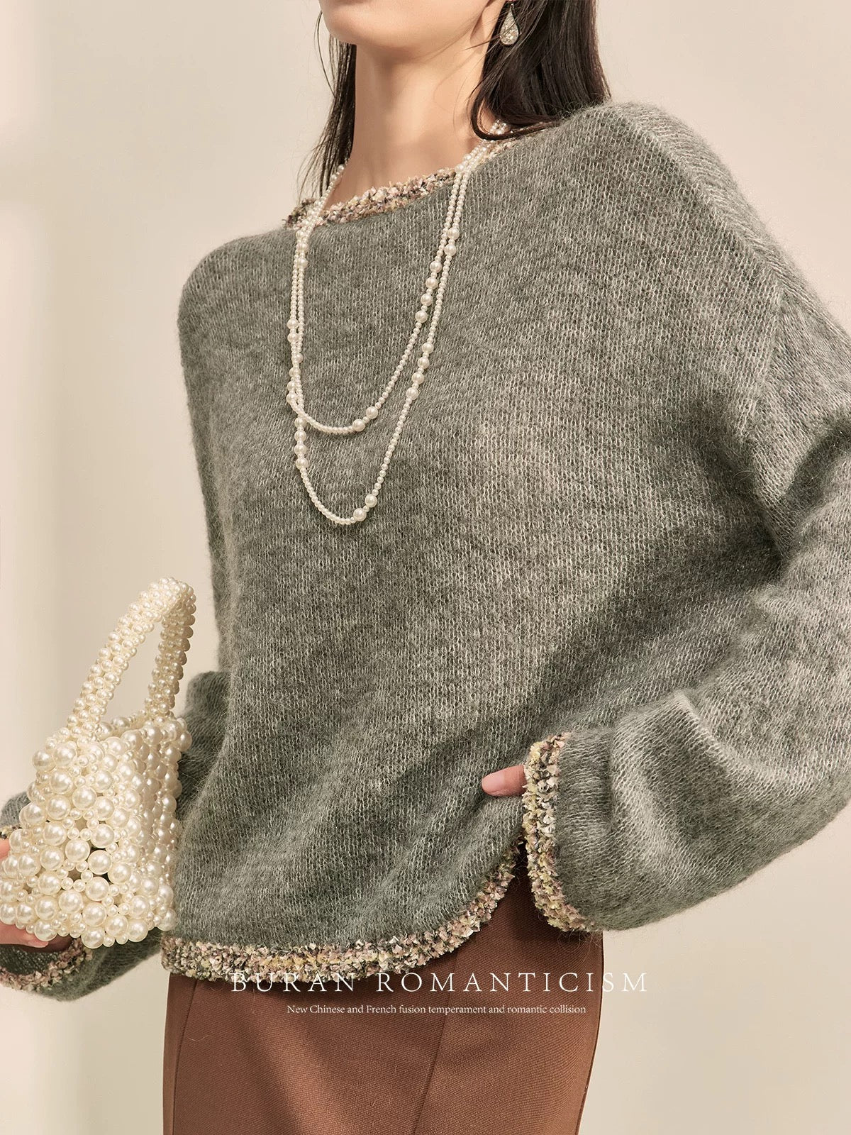 BURAN Sweater Women's 2024 New Winter Gray Loose Fashionable Western Style High-end Celebrity Knitted Top
