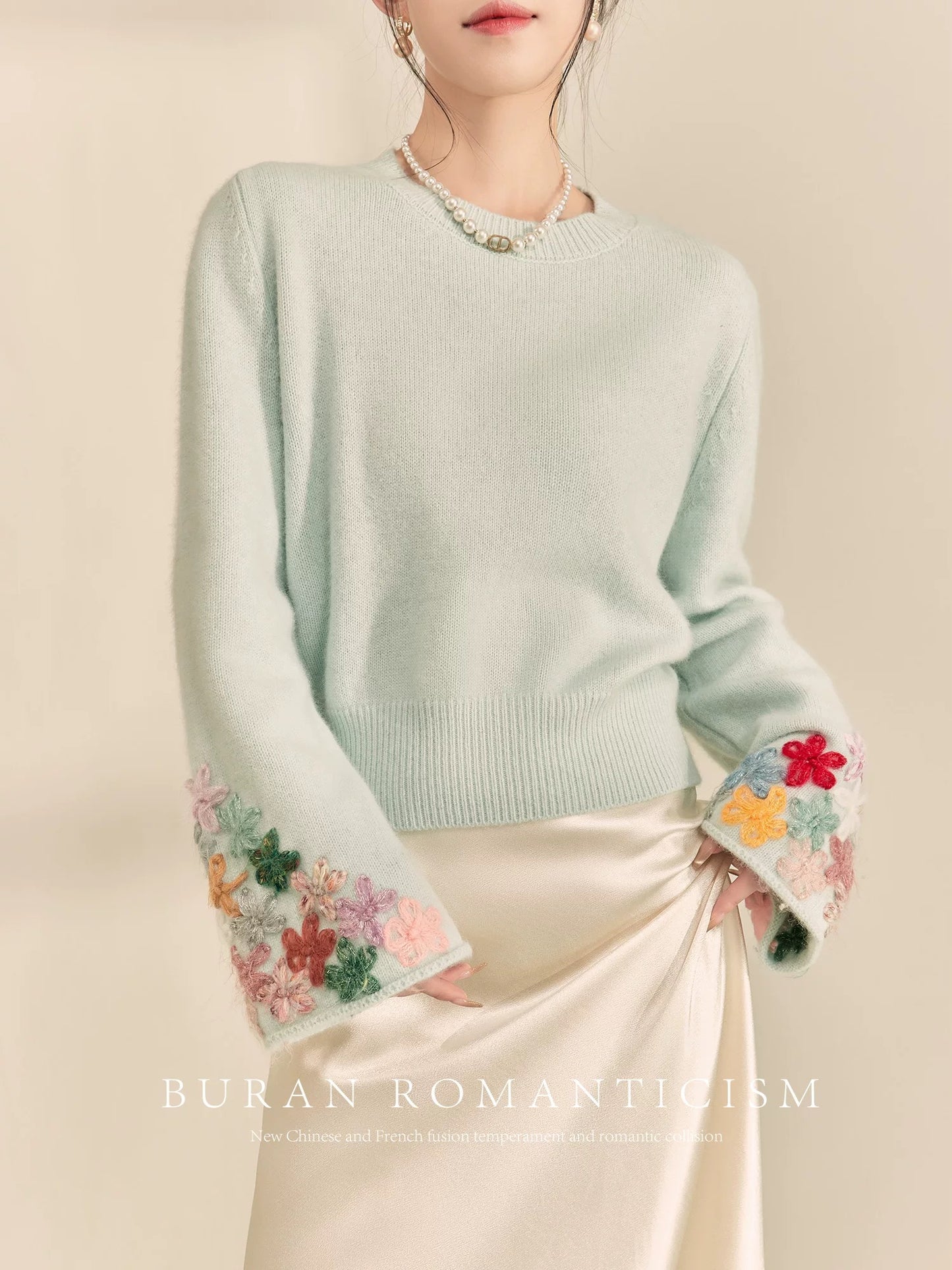 BURAN Western-style unique and unique sweater blue hand-crocheted heavy-duty design niche high-end knitted top