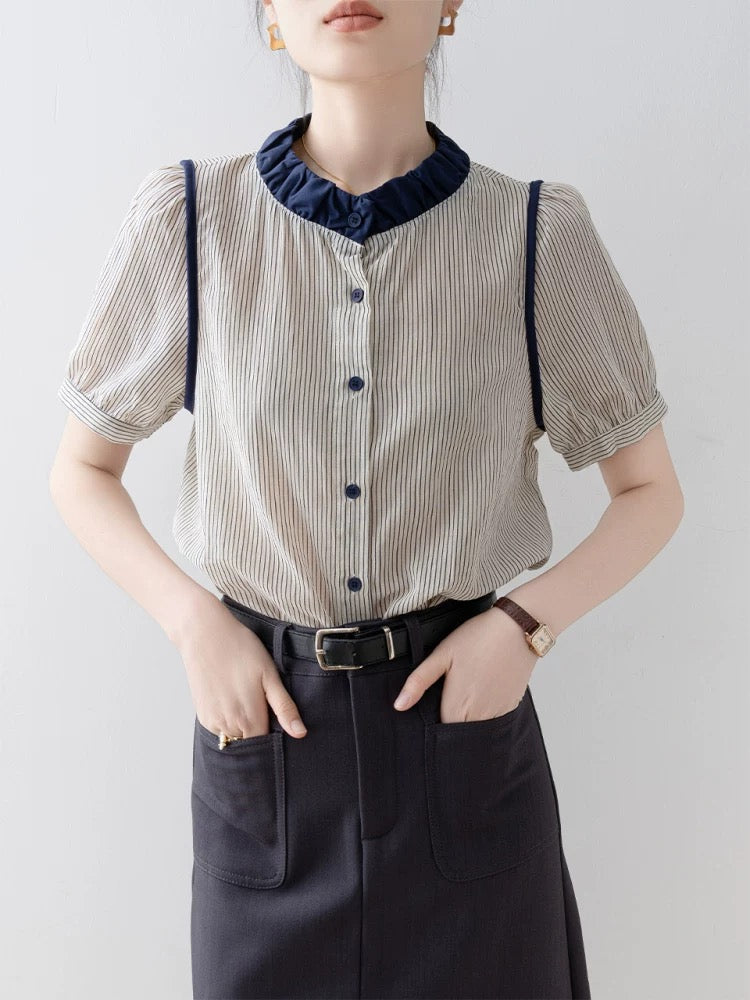 2025 Super beautiful unique beautiful shirt ladies temperament tops summer new striped design short-sleeved shirt