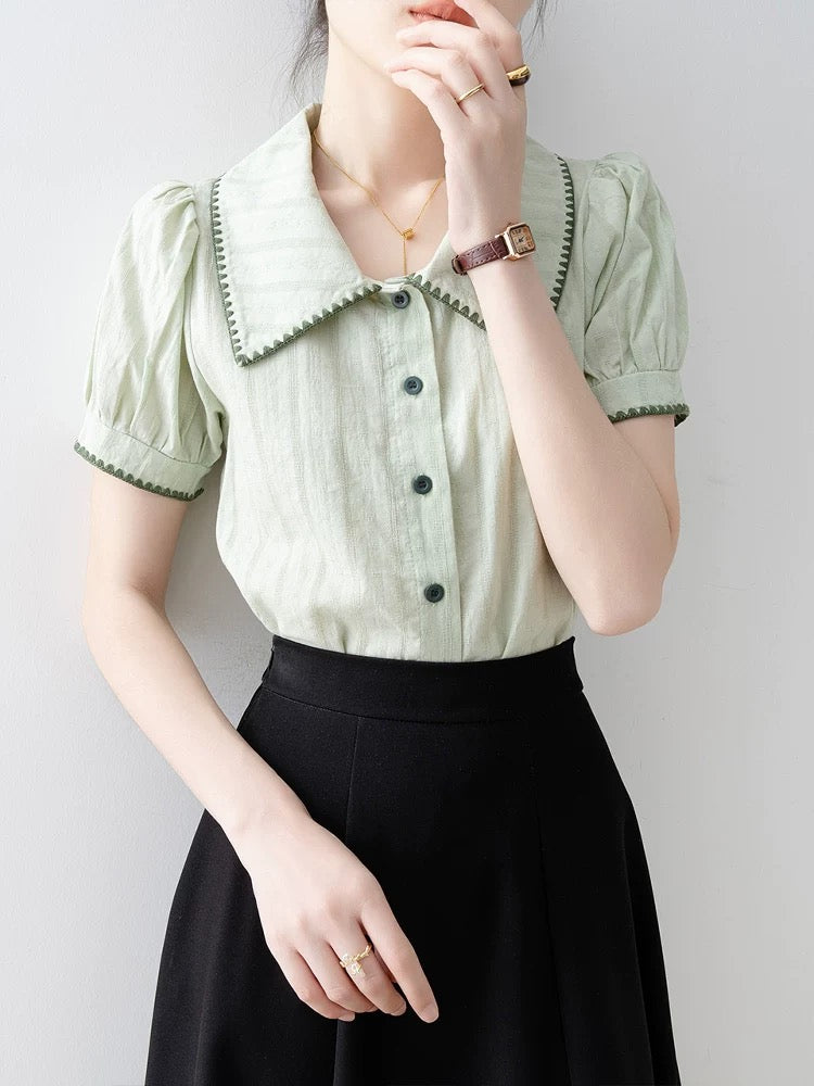 French polo collar green short-sleeved shirt for women 2025 summer new style super hot age-reducing shirt commuting wear tops