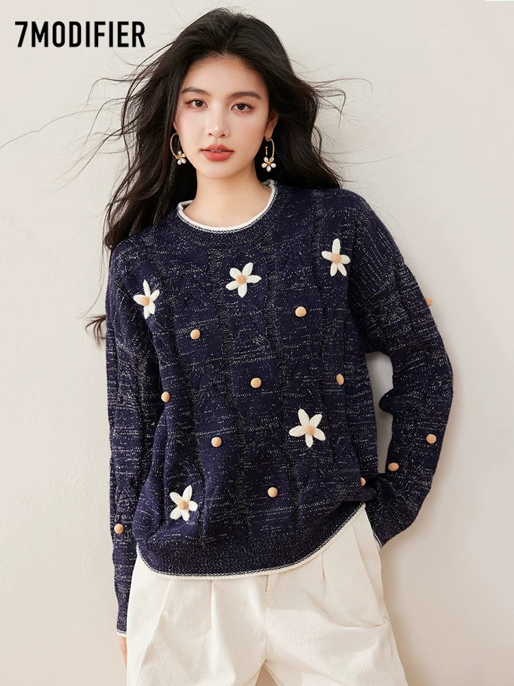 La Chapelle 7M2025 autumn and winter new round neck flower embroidery pullover sweater loose fashionable tops for women