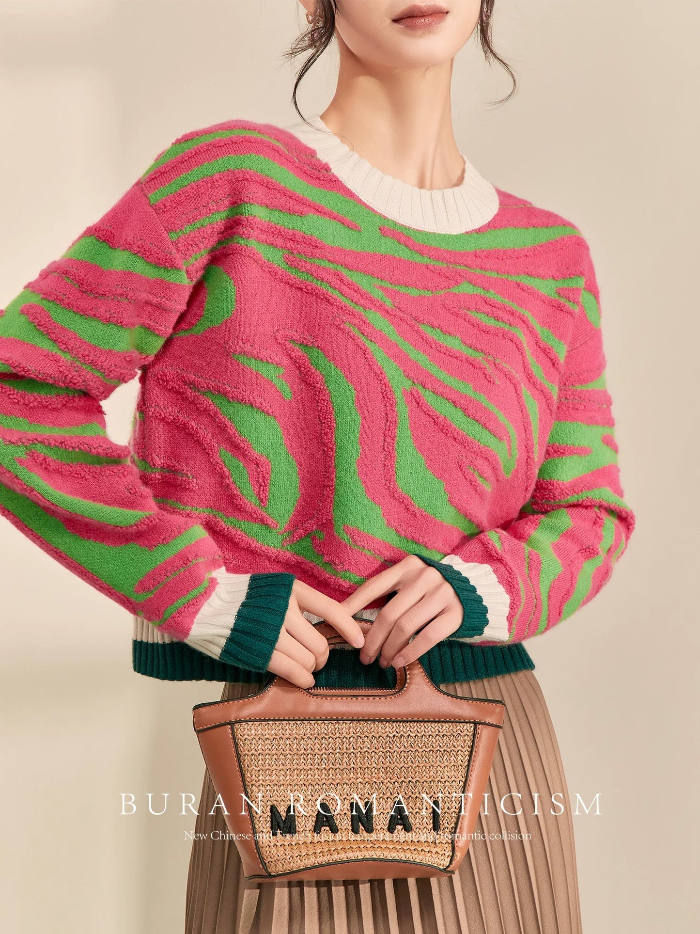 BURAN Sweater Women's 2024 New Winter Round Neck Pullover Design Niche Advanced Jacquard Contrast Color Top
