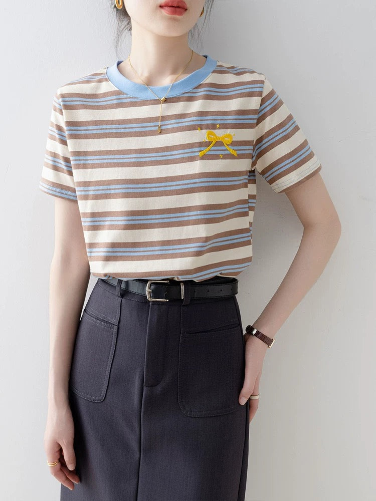 Short-sleeved T-shirt for women 2025 new summer loose round neck striped straight shoulder super hot age-reducing design niche tops