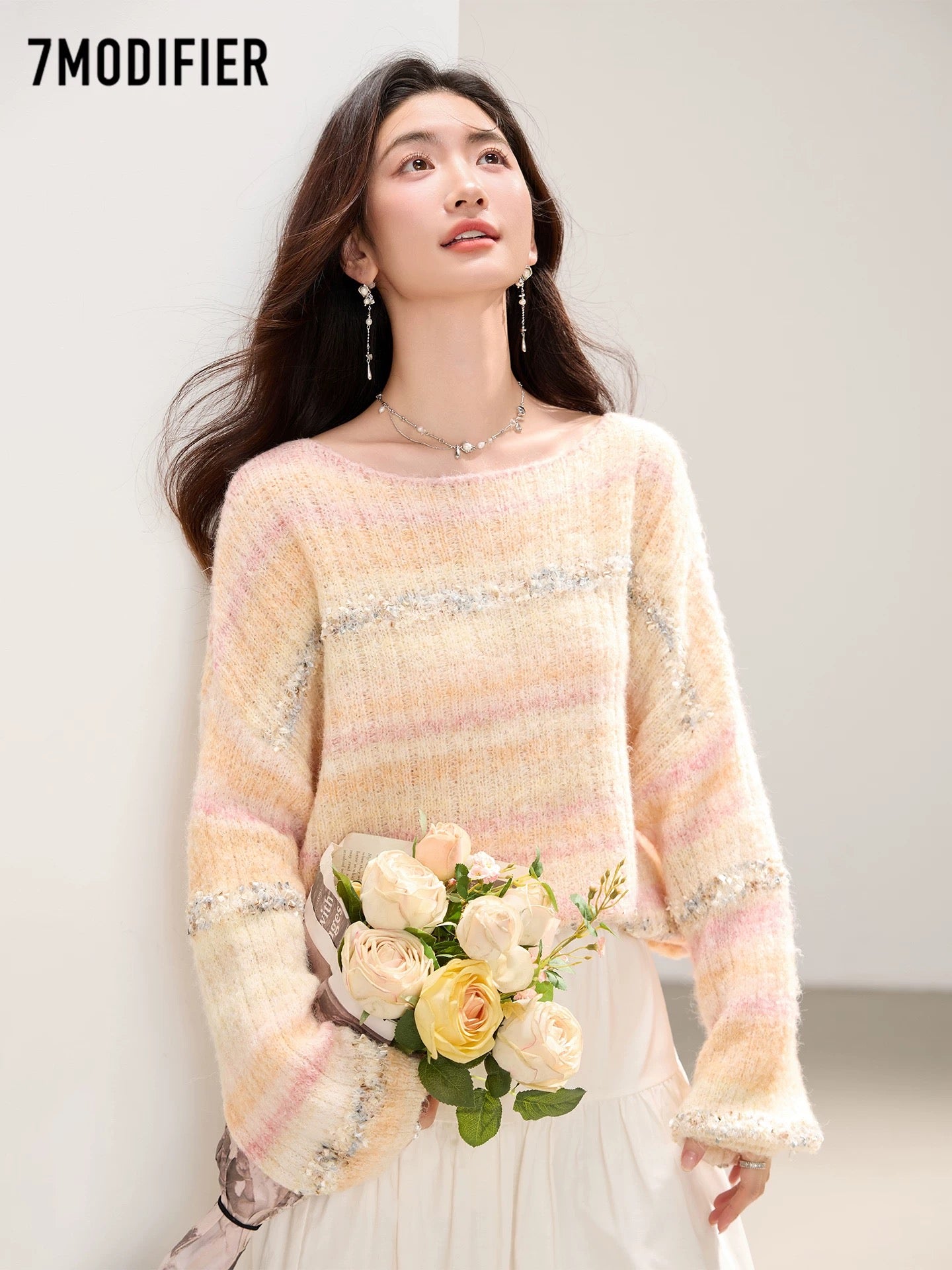 La Chapelle 7M2025 autumn gentle style temperament striped round neck pullover versatile long-sleeved knitted sweater top