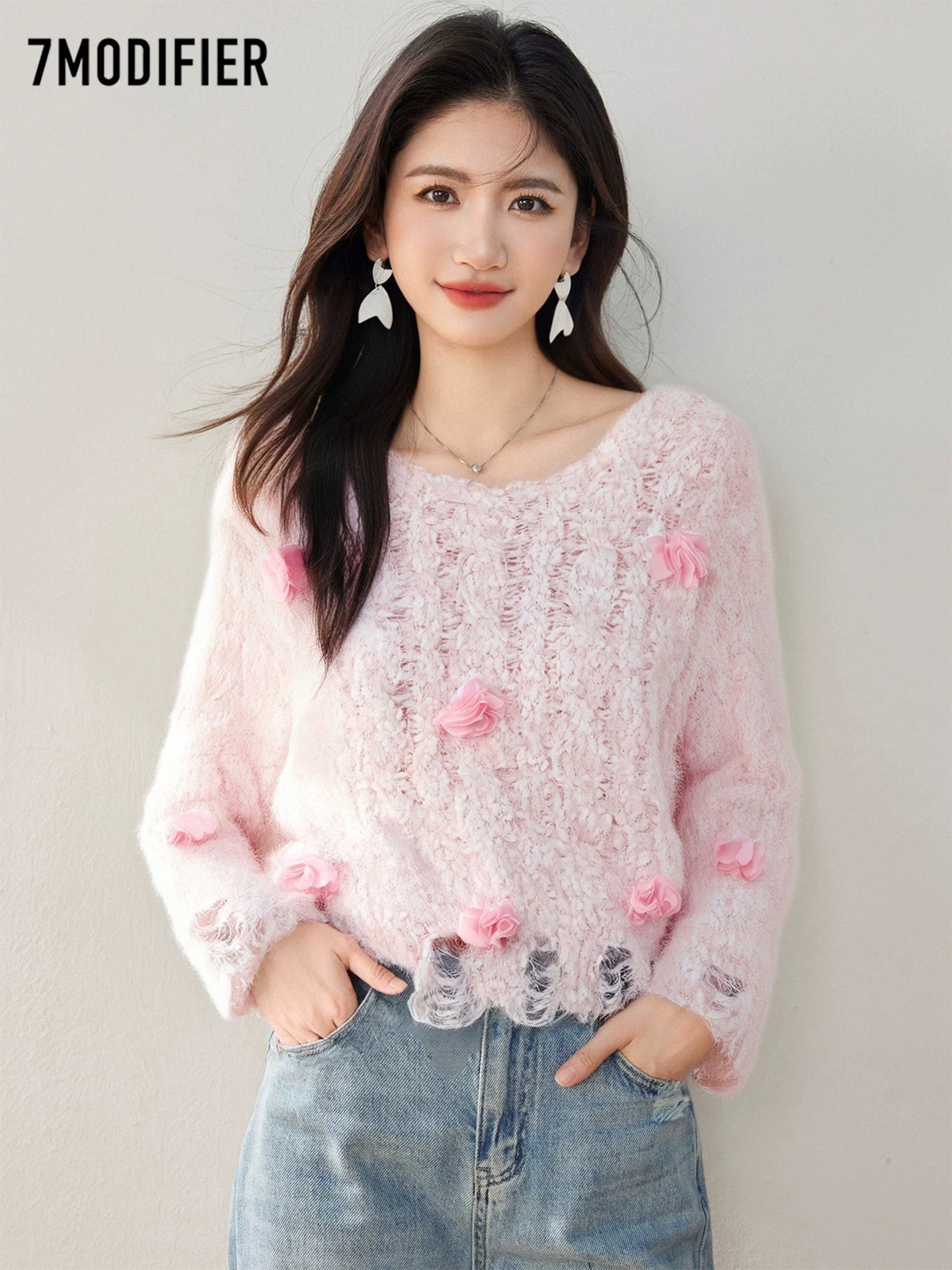 La Chapelle 7M2025 autumn fashion design three-dimensional flower pullover versatile long-sleeved knitted sweater top