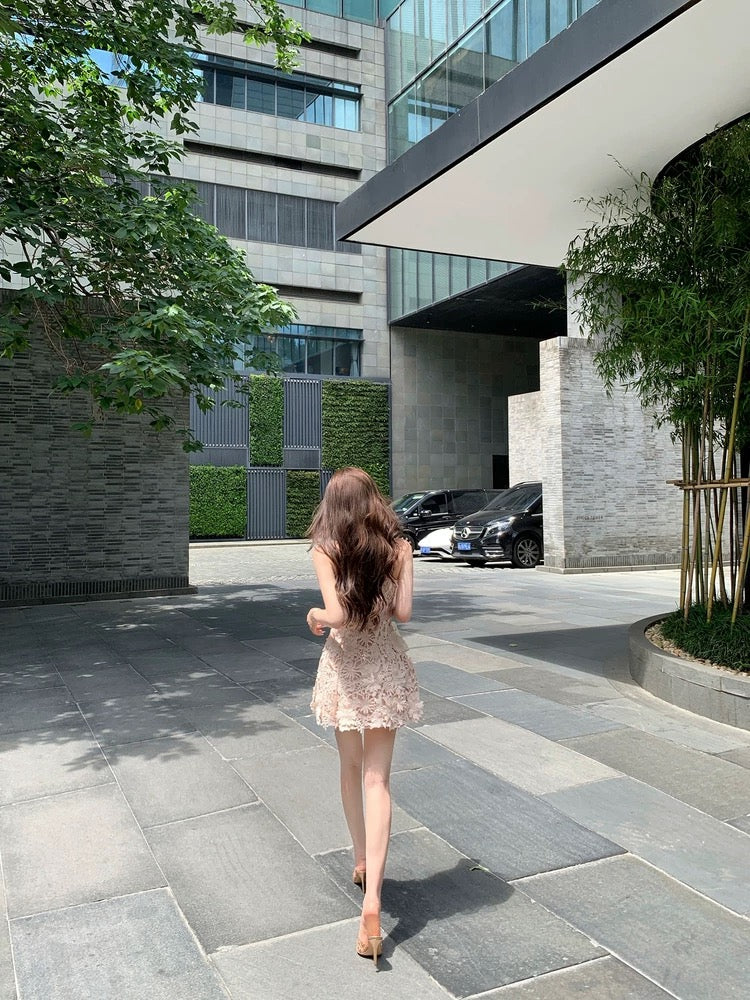 JAYKY YANG【Huayu Manxia】3D flower embroidered dress with chest pad waist short suspender skirt
