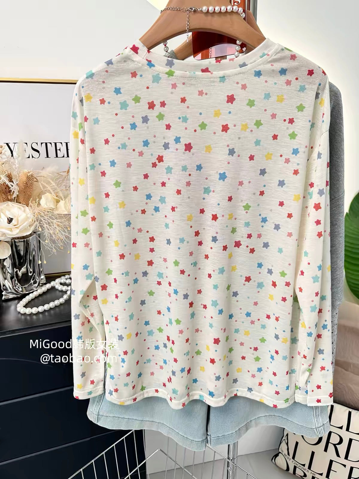 Summer Lyocell Sun-Protection Top – Korean-Style Sweet & Trendy Loose Long-Sleeve T-Shirt with Star & Cartoon Print (Lightweight)