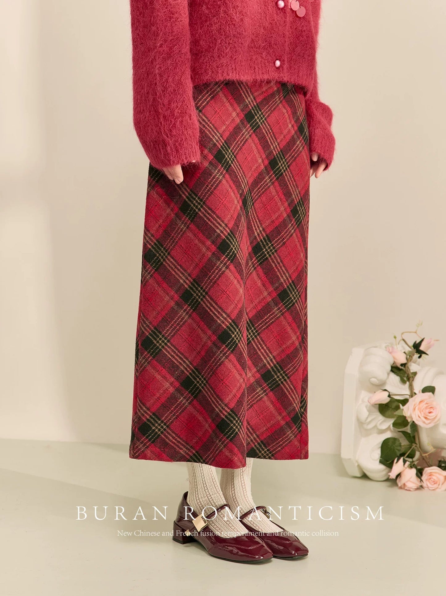 BURAN Sweater Women's 2024 New Winter Red French Soft Waxy Lazy Style Knitted Jacket Two-piece Set