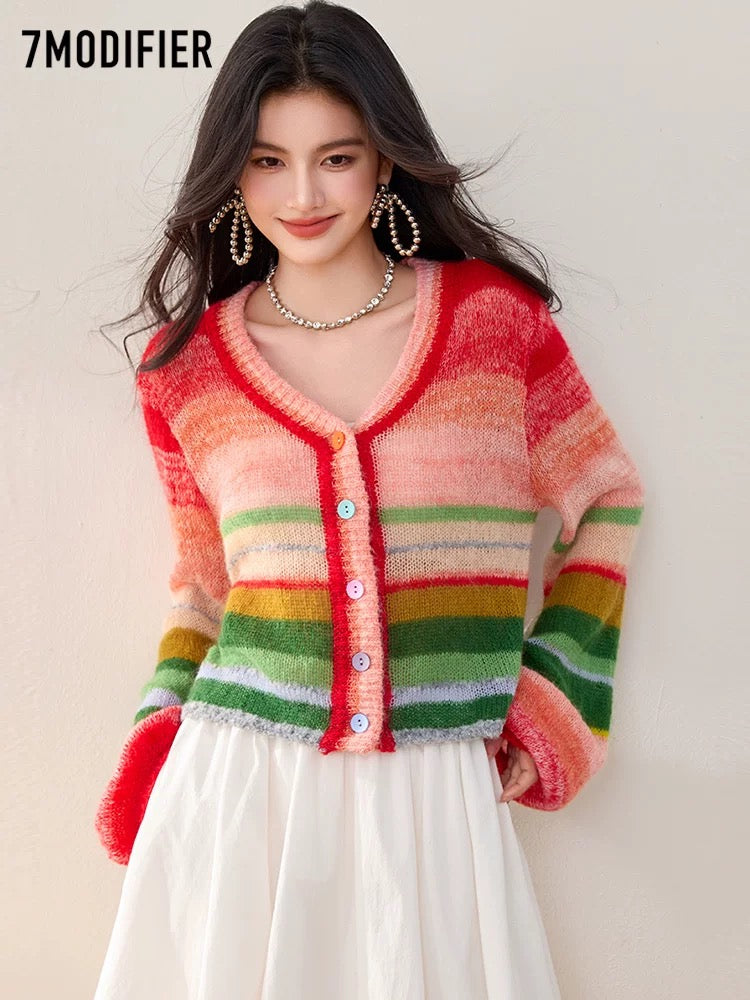 La Chapelle 7M2025 autumn new color contrast retro chic knitted sweater lantern sleeve design tops for women