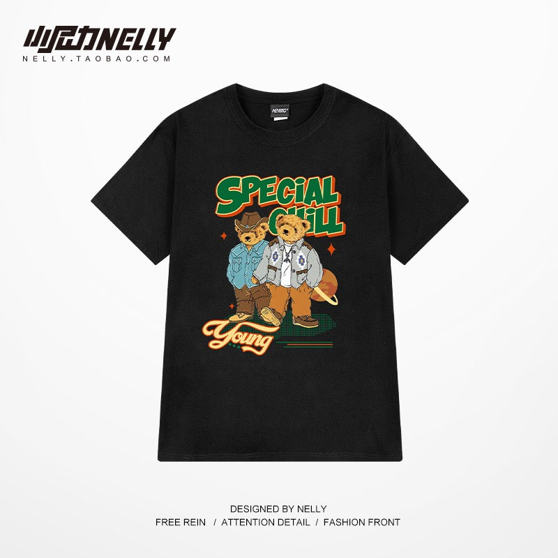 Ins summer cartoon oversize bear print short-sleeved T-shirt men's pure cotton bottoming shirt loose half-sleeved T-shirt