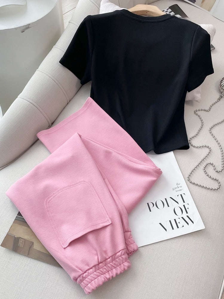 Casual sports suit women's summer 2023 new fashion slim embroidery short top pink wide-leg pants two-piece set