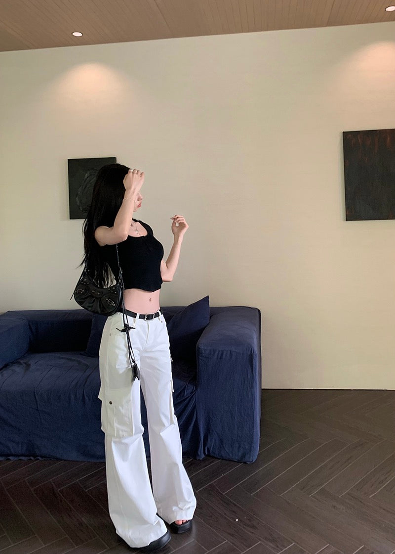 American retro white overalls casual pants women's summer loose micro flared trousers straight leg slim mopping pants