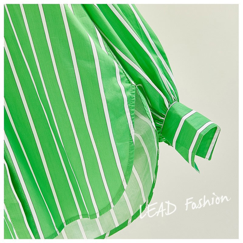 Avocado green vertical striped mid-length shirt women's 2023 summer new Korean style lantern sleeve loose casual shirt