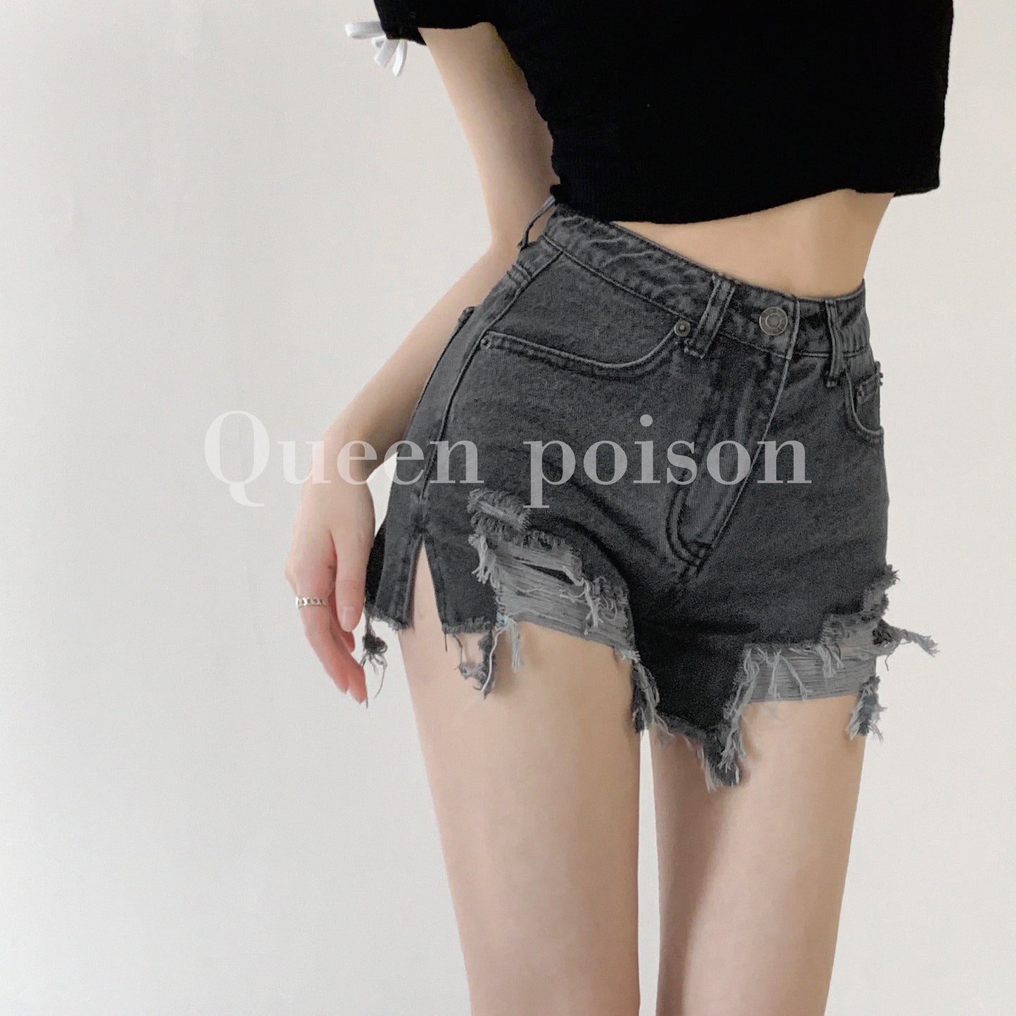 Hyuna same style raw edge ripped denim shorts female summer slim high waist wide leg pants loose a-line beggar hot pants